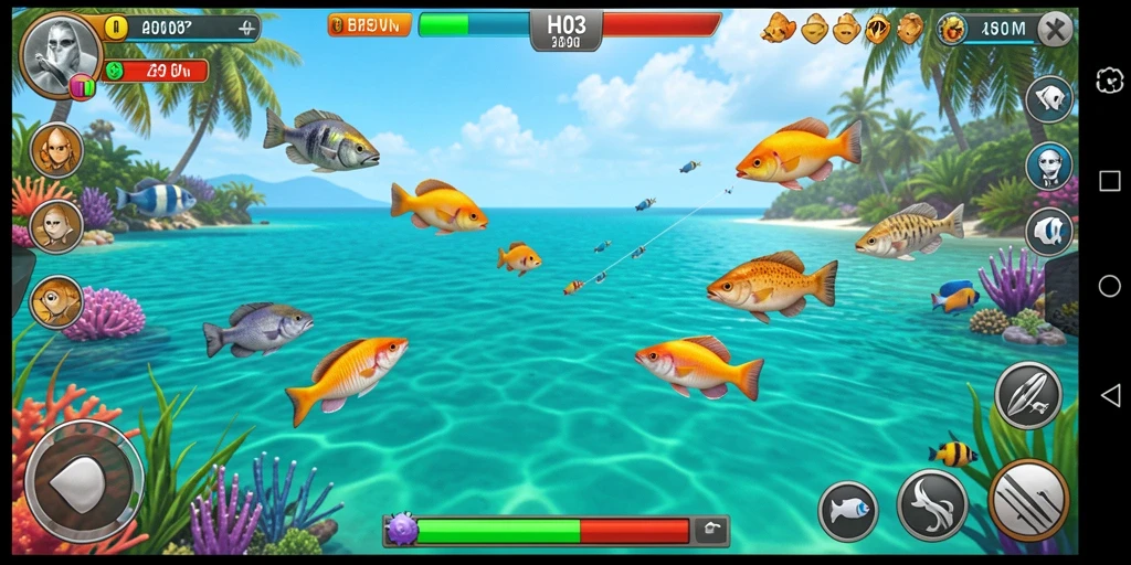 Screenshot gameplay H03 yang menunjukkan aksi menembak ikan.